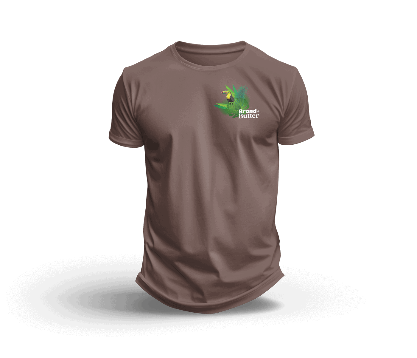 Braunes T-Shirt mit Vogelmotiv und Logo.